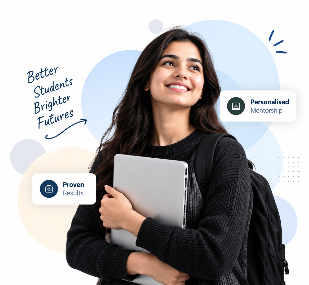 Smiling student carrying a laptop and backpack