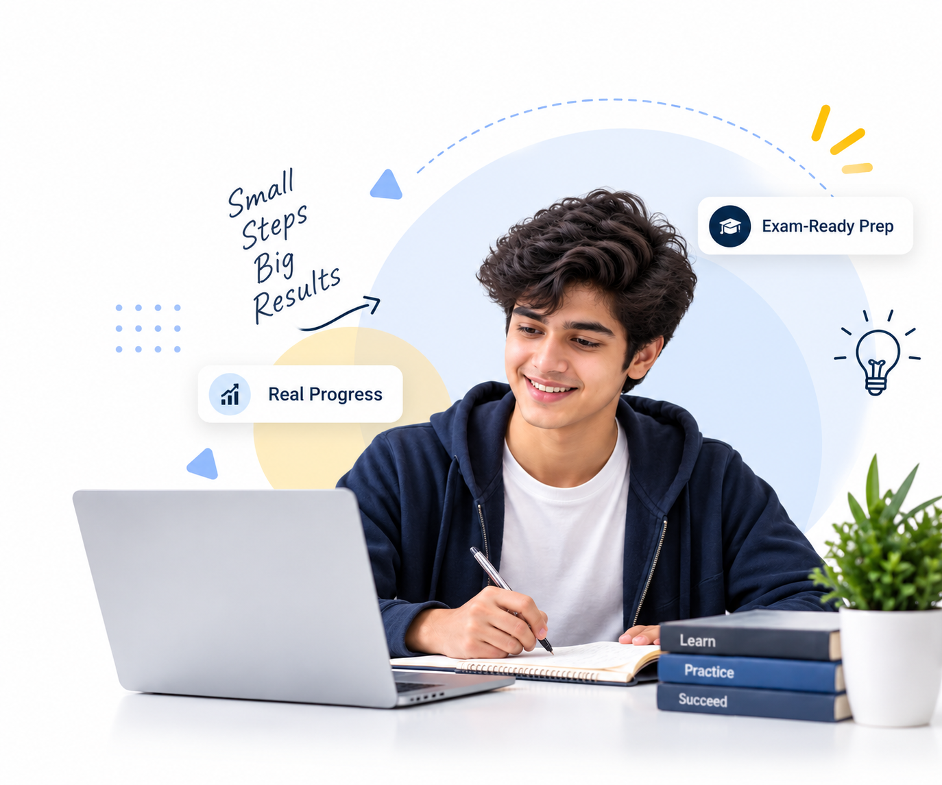 Student studying with a laptop and notes